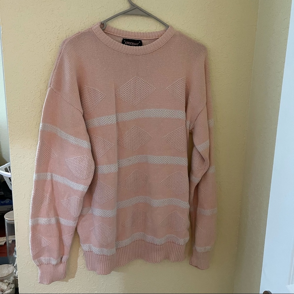 Knockout pink and white embroidered sweater